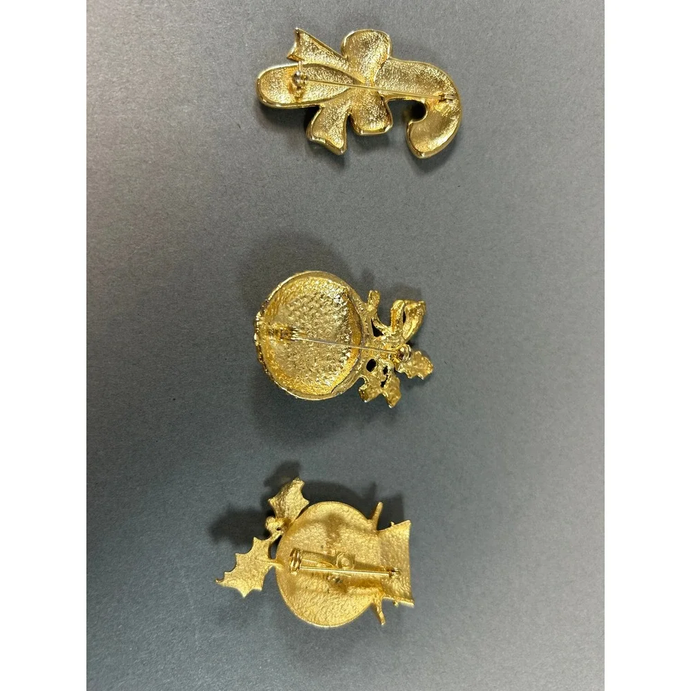 Vintage Christmas Brooch Set Gold Tone Candy Cane Ornament Snowman Enamel Pins